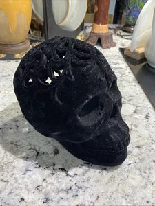 Gothic Ornate Black Felted Skull Head Halloween Decoration Life Size - Picture 1 of 8