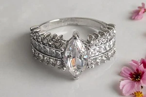 Luxury Marquise Cut CZ and Sterling Silver Wedding, Promise, Cocktail Ring - 9.5 - Picture 1 of 2