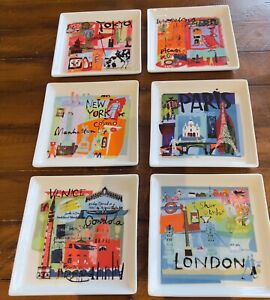 Crate And Barrel City Travel World 6" Square Appetizer Snack Plates Set Of 6