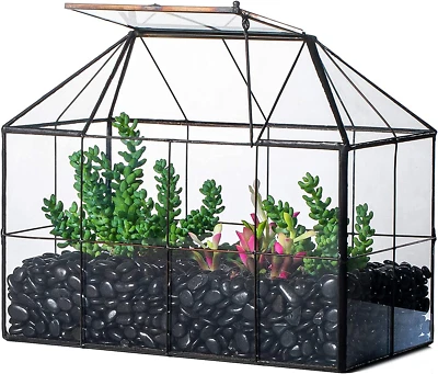Black Grid House Shape Glass Terrarium Planter with Lid, Handmade Geometric Cont - Image 1 of 4