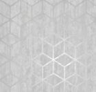 Holden Decor - Rochester Stone Cube Geo Effect Metallic Wallpaper - Silver 65200