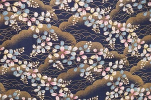 58"W x 72"L Unb. Japanese Oriental Sakura Cherry Flowers Bronzing Fabric on Blue - Picture 1 of 7