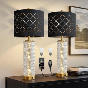 Set of 2 Modern Table Lamps – 27.75" Gold, USB A+C, Crystal Nightlight - Picture 1 of 11