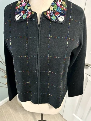 Marisa Christina Christmas Sweater 2003 Black Ramie Cotton Sz M Beaded Cardigan - Image 1 of 4