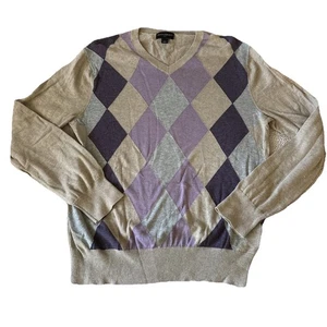 Banana Republic Argyle Sweater Men M Tan Purple V-neck Hipster Academia Teacher - Picture 1 of 15
