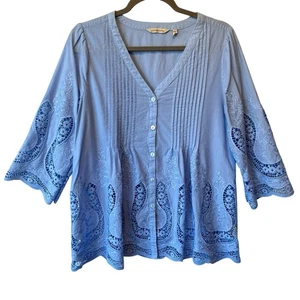 Blusa Soft Surroundings Botón Frontal Encaje Azul Medio Cuello en V Pintuck Mujer Top - Imagen 1 de 8