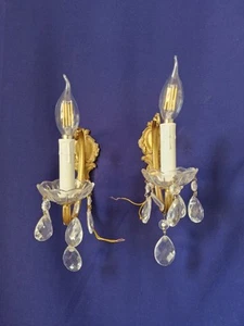 Antique Pair of Single Light Wall Lamps Made of Brass and Crystal - Picture 1 of 12