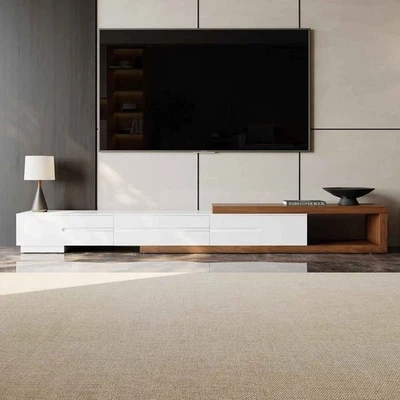 Soporte de TV extensible Provision blanco y nogal para TV de hasta 100 pulgadas Foto 1 de 4