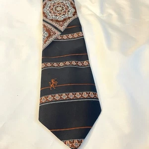 VTG BRONZINI Necktie Black Gold Brown Unicorn Logo Polyester - Picture 1 of 5
