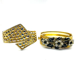 Clamper Bangle Bracelets Lot of 2 Gold Tone Bypass Floral Bead Garden Party - Picture 1 of 12