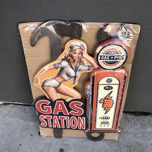 Gas Station Tool Girl Embossed Fantasy Metal Sign - Picture 1 of 8