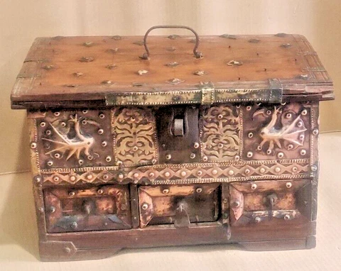 C1900 ROSE wood furniture Antique brass ornament chest box brass Peacoke studs Cover