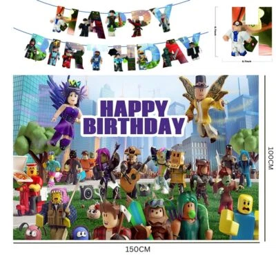 Roblox backdrop banner foil latex balloons gaming kids birthday party decoration