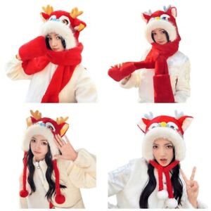New Year Dragon Head Hat Glove Scarf 3in1 Set Thick Plush Earflap Hat for Adult