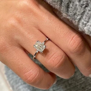 2.50 Ct Emerald Cut White Diamond Engagement Wedding Ring 14K White Gold Finish - Picture 1 of 8