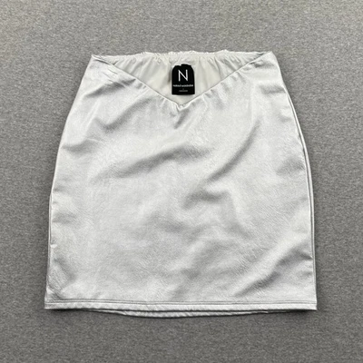 Naked Wardrobe Faux Leather Skirt S Silver Metallic Pull On V-Waist Rave Club - Image 1 of 4