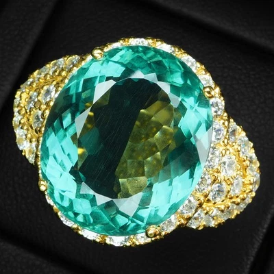 24K Gold 925 Sterling Silver Rings Entrancing Teal Green Tourmaline Oval 17Ct - Image 1 of 4