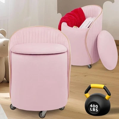 Pink Velvet Storage Ottoman Swivel Stool with Backrest & Wheels 37cm - Image 1 of 4