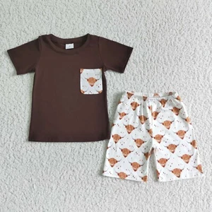 Brown Short Sleeve T-shirt Highland Cow Shorts Boutique Boys Outfit - Picture 1 of 17