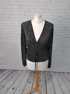 Womens Blouse Black Polka-dot Plunge Neck Crinkle Size Large Stradivarius (V3) - Picture 1 of 14