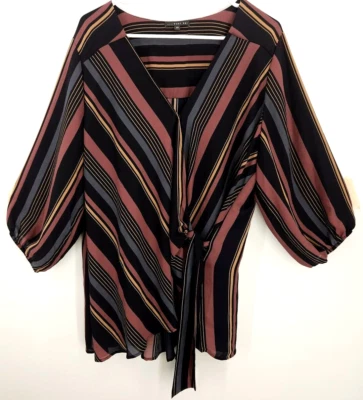 West Kei Women Top Multi Color Striped Elastic Sleeve Snap Button V-Neck Knot 2X - Image 1 of 4