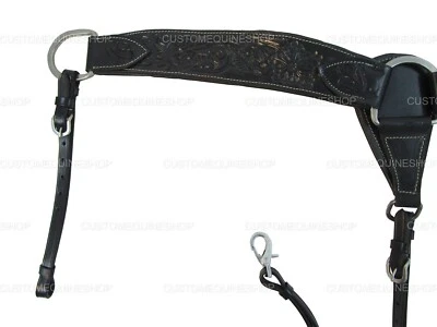 WESTERN BREASTCOLLAR FOR BARREL ROPING HORSE FLORAL TOOLED BLACK BREAST COLLARS - Image 1 of 4