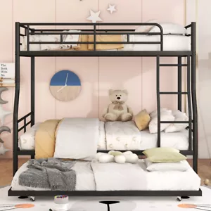 Full XL Over Queen Bunk Beds Frame Ladder With Trundle Bed for Kids Teen Bedroom - Picture 1 of 16