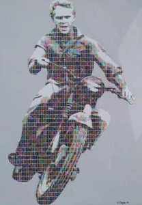 NEW ORIGINAL GARY HOGBEN Steve McQueen "The Great Escape III" STAMP PAINTING - Picture 1 of 2