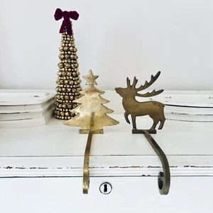 Vtg Solid Brass Christmas Stocking Holders Long Arm Heavy Set of 2 Reindeer Tree - Picture 1 of 4