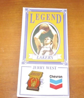 Jerry West Vintage NBA Lakers Chevron Gas Promo Lapel Pin w Stats Card Backing - Image 1 of 4