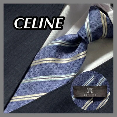 Celine Tie Stripe Silk Blue Silver Triomphe Made in Italy Used - Image 1 of 4
