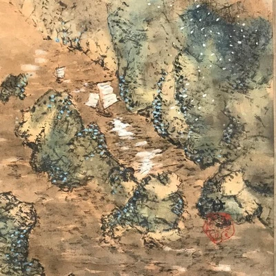 Antiguo Pergamino Colgante Japonés De Colección Kakejiku Montaña Río Barcos Tinta Color KJ94 Foto 1 de 4