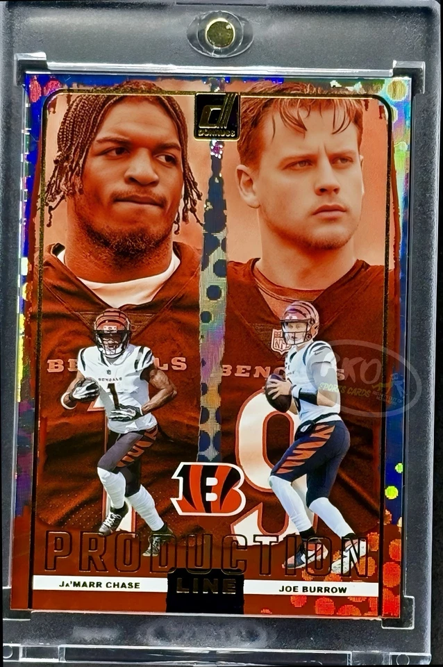 Tarjeta de inversión Ja’Marr Chase Joe Burrow RARA DOBLE HOLO FOIL PANINI BENGALS COMO NUEVA Foto 1 de 4