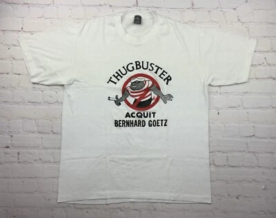 RARE Vtg 1984 Thug Buster Acquit Bernhard Goetz New York T-Shirt USA - XL 80s - Image 1 of 4