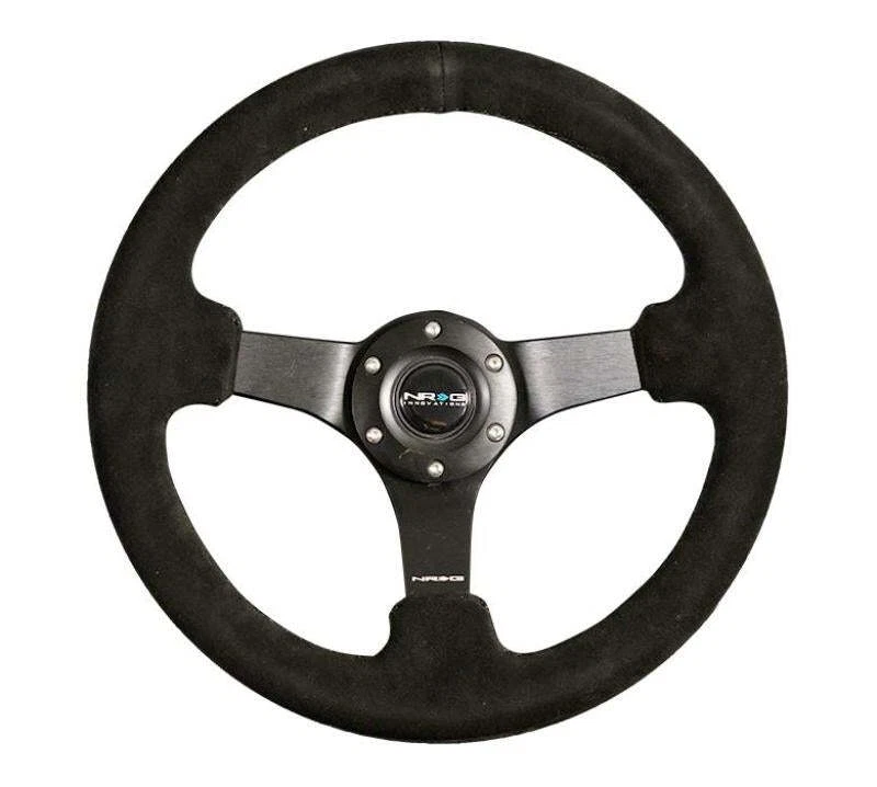 NRG Reinforced Steering Wheel (330mm / 3in Deep) Blk Suede w/Criss Cross Stitch - Image 1 of 1