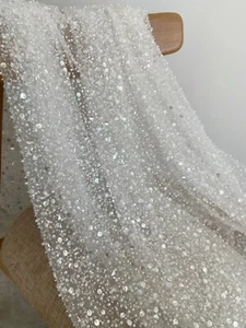 French sequined lace fabric by the yard for bridal dress, heavy bead tulle lace - Picture 1 of 10