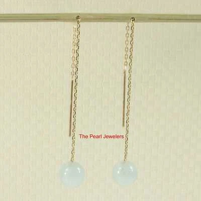 14k Solid Gold Threader Chain 7mm Gemstone Aquamarine Bead Dangle Earrings - Image 1 of 3