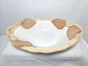 Brigitte Haag Signed Art Pottery Oval Bowl Applied Leaves Fall Nature 12" x 8" - Picture 1 of 9