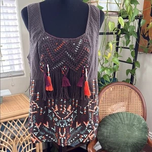 Akemi & Kin Anthropologie Rigmarole Brown Embroidered Tassel Top - Picture 1 of 4