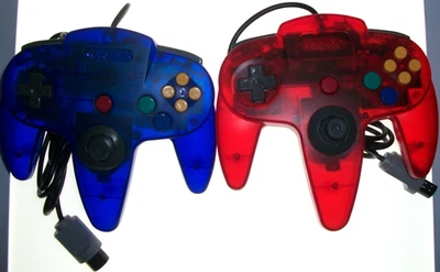 Lot of 2 Replacement Controllers for Nintendo 64 - Red & Blue Transparent - Image 1 of 4
