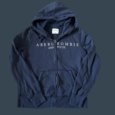 Abercrombie & Fitch Navy Blue Zip-Up Hoodie With Logo Print Lined Hood & Pockets - Image 1 of 4