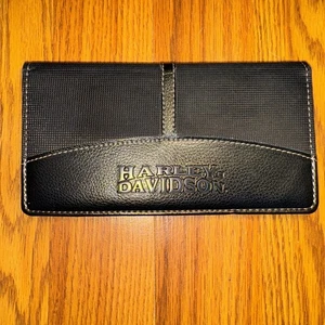 Harley Davidson Motorcycles Checkbook Cover Black Leather & Cloth Wallet - Picture 1 of 3