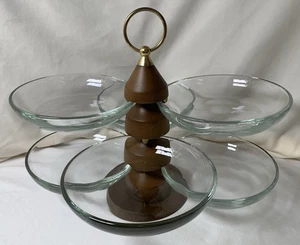 Vintage MCM Teak Brass Glass Tower Rotating Tray Lazy Susan Denmark 6 Bowls - Picture 1 of 19