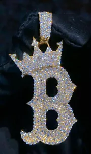 REAL Moissanite 3 Ct Round Cut Initial "B" Letter Pendant 14K Yellow Gold Plated - Picture 1 of 6