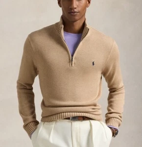 $148 Polo Ralph Lauren Men’s Premium Cotton Quarter-Zip Sweater Camel Size M - Picture 1 of 7