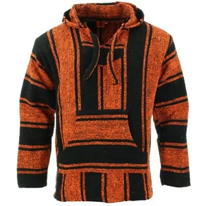 Recycled Mexican Baja Jerga Hoody Drug Rug Pullover Hoodie Orange Black - Picture 1 of 5