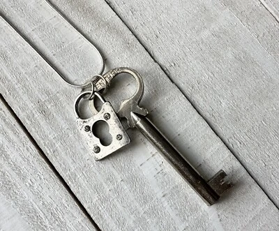 LLAVE ESQUELETO VINTAGE con Collar Candado Cristal 22" CADENA PLATA ESTERLINA Foto 1 de 4