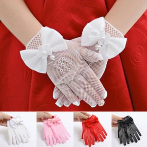Floral Sheer Pearl Lace Bow Gloves Ruffle Wrist Dressy Gloves Party Wedding в - Picture 1 of 17