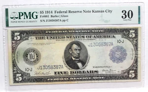 Fr. 881 1914 $5 Kansas City FRN, Burke/Glass PMG 30 VERY FINE LESS 60 CENSUS - Picture 1 of 4