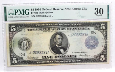 Fr. 881 1914 $5 Kansas City FRN, Burke/Glass PMG 30 VERY FINE LESS 60 CENSUS - Image 1 of 4